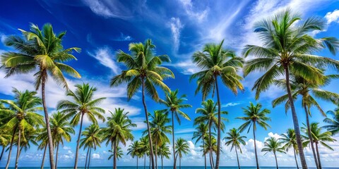 Fototapeta premium A Serene Line of Palm Trees Standing Tall Against a Vibrant Blue Sky and a Tranquil Ocean Horizon