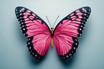 Obraz premium Pink butterfly gently floating on a plain white background, with minimalist wings delicately capturing lightness and grace