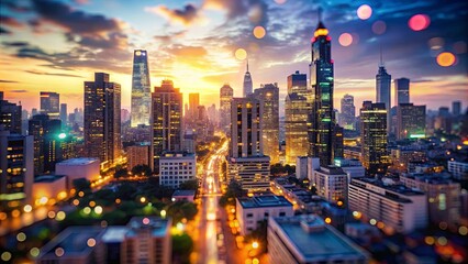 Fototapeta premium A shimmering tapestry of city lights and towering structures bathed in the warm glow of a fading sunset