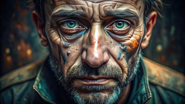 Tormented gaze, a beacon of addiction's relentless hold.