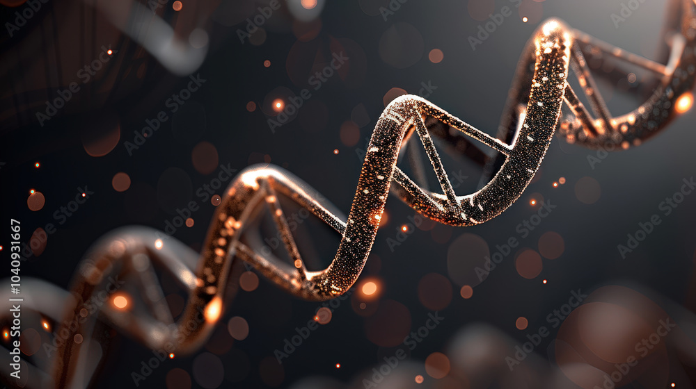Poster dna strands floating in molecular cloud, showcasing intricate details and shimmering effect. image e