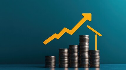 Blue Upward arrow on money coin stack as growth graph steps in home shape symbol,Savings, income, home investment, real estate price value, property profit concepts,the rising price of real estate.