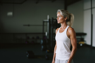 Portrait of a healthy Old Woman with a gym background on a bright sunny day, fitness concept copy space, Senior workout lifestyle