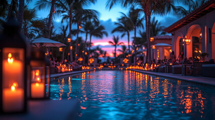 lively poolside party at dusk, bathed in vibrant neon lights. Guests are joyfully mingling, and the atmosphere radiates energy and excitement, capturing a moment of fun and celebration