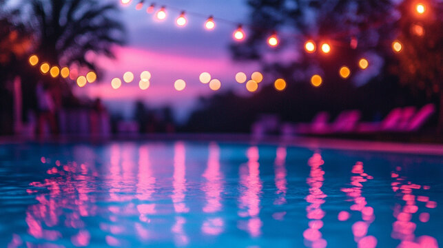 lively poolside party at dusk, bathed in vibrant neon lights. Guests are joyfully mingling, and the atmosphere radiates energy and excitement, capturing a moment of fun and celebration