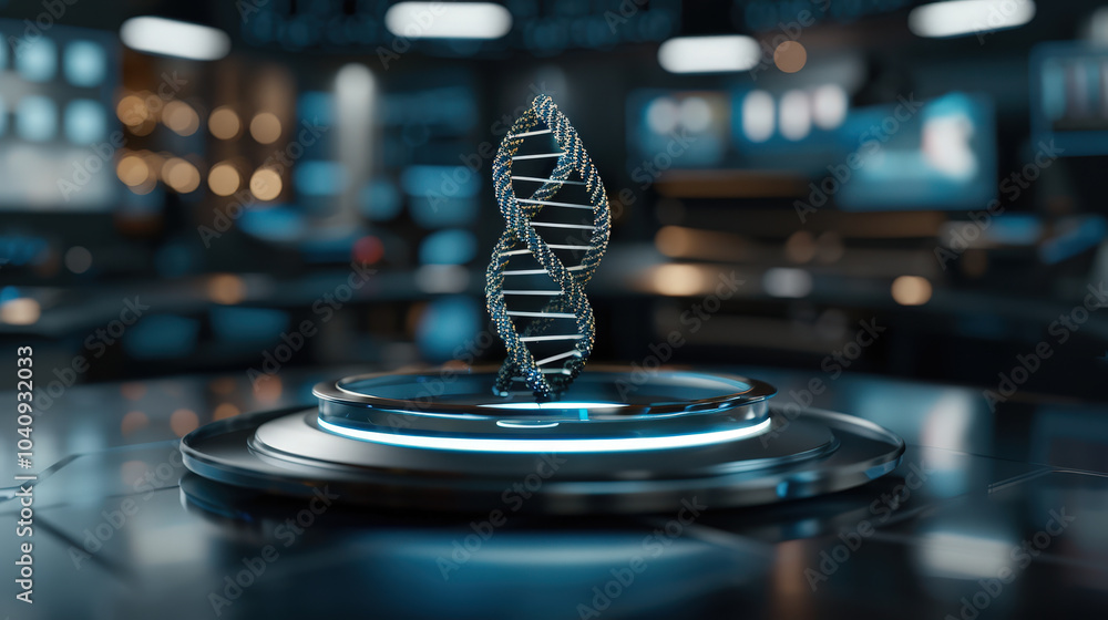 Aufkleber futuristic double helix dna structure is elegantly displayed on sleek platform, surrounded by high t
