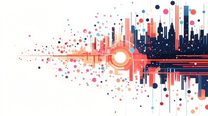 Flat design depicting expanding data streams and networks driving urban growth digital transformation and technological innovation in a modern cityscape