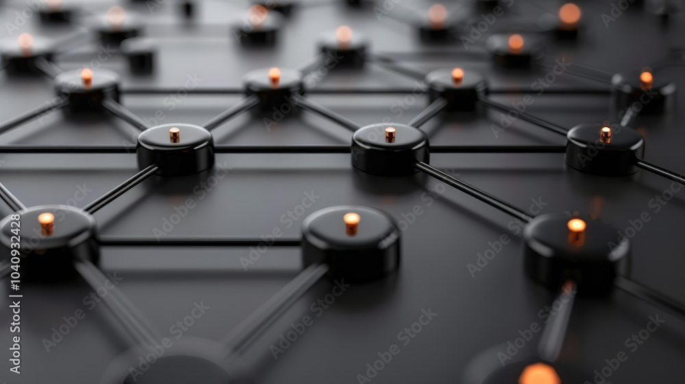 Poster dynamic web of glowing nodes and sleek lines create intricate network, showcasing modern technology 