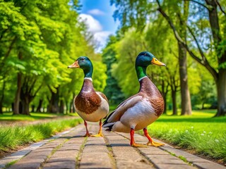 Fototapeta premium Urban oasis: a mallard couple finds peace amidst the bustle.