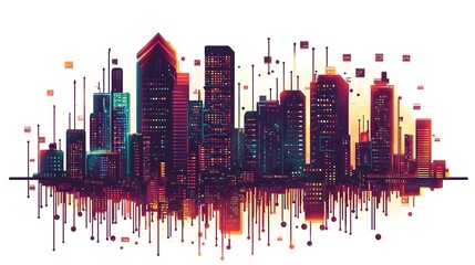 Fototapeta premium Flat design of binary code expanding and transforming into a modern urban cityscape showcasing the growth and development of a technology driven data powered metropolis