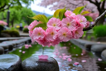 Soft pink cherry blossom petals floating down a quiet stream, symbolizing peace and the fleeting beauty of nature