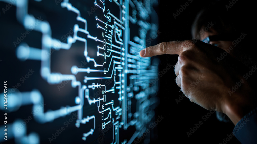 Aufkleber electrical engineer analyzing data on computer screen, focusing on circuit patterns and connections,