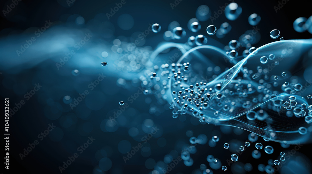 Poster dynamic water droplets create mesmerizing flow of motion and light, showcasing beauty of fluid dynam
