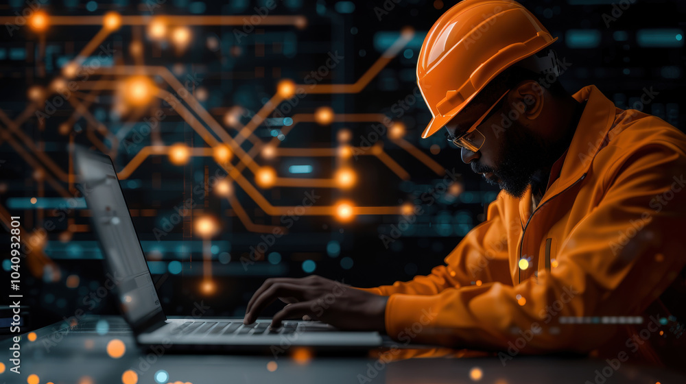 Poster focused electrical engineer in orange safety jacket and hard hat is working on laptop, surrounded by