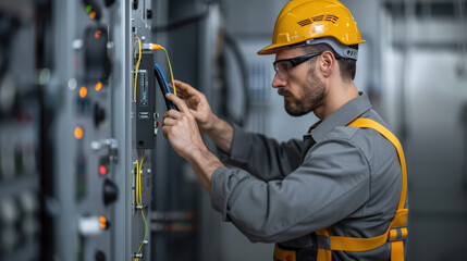 Electrical engineer calibrating oscilloscope in control room, wearing safety gear and focused on task. environment is industrial and technical, showcasing expertise and precision