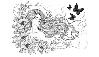 Fototapeta premium Elegant Woman with Flowing Hair and Butterflies