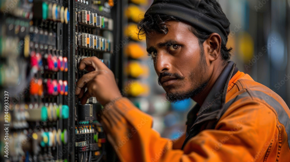 Poster electrical engineer working on power management system, focused and determined. intricate control pa
