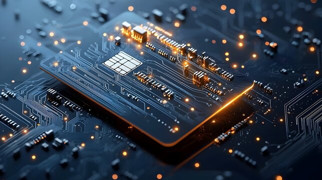 Glowing Credit Card Circuit Design with Metallic Mesh Lines   Futuristic financial technology featuring a credit card like shape with circuit inspired glowing lines and patterns across a metallic