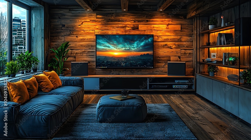 Poster minimalist and modern game room design featuring a large gaming monitor comfortable seating and a fo