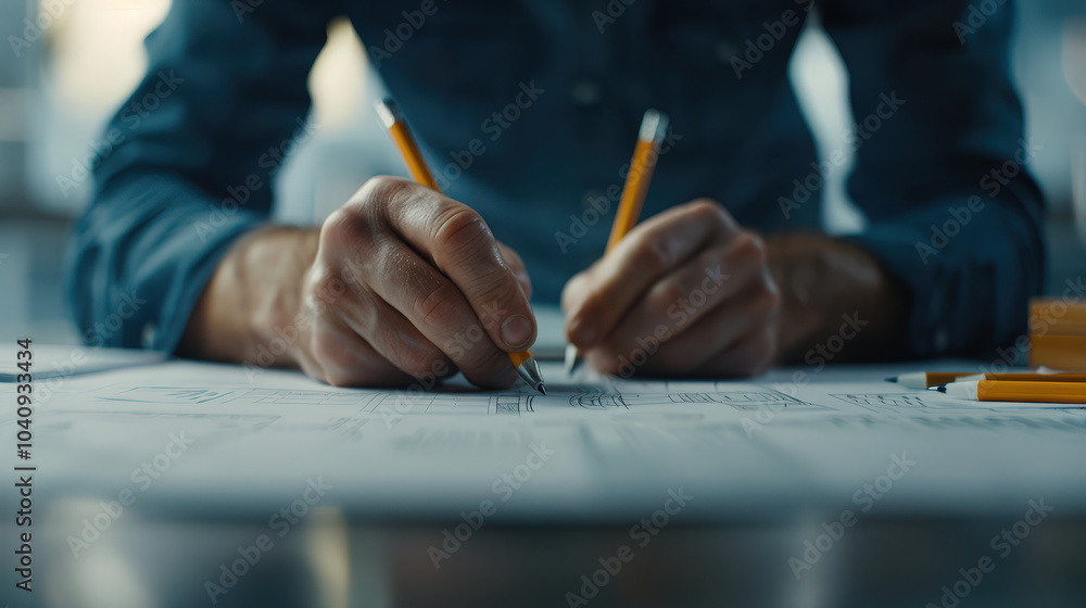 Aufkleber designing intricate layouts, electrical engineer focuses intently on detailed plans with precision t