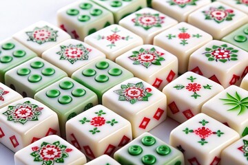 White backdrop showcasing a collection of colorful mahjong tiles.