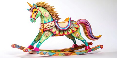 White emptiness cradles a whimsical cardboard rocking horse, frozen in motion.