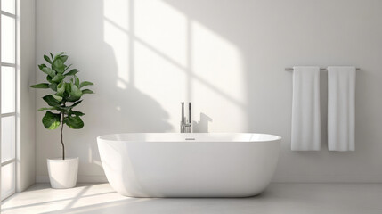Fototapeta premium A modern bathroom featuring sleek white bathtub, potted plant, and neatly hung towels. natural light creates serene and inviting atmosphere, perfect for relaxation