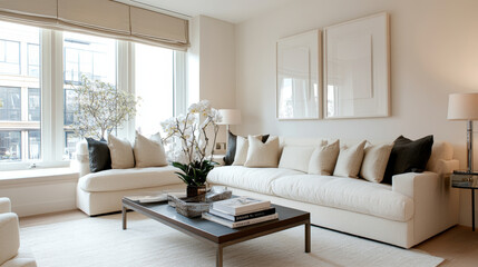 A modern living room featuring spacious white sectional sofa adorned with decorative pillows, stylish coffee table, and elegant decor elements like orchids and artwork. bright, airy space exudes calm
