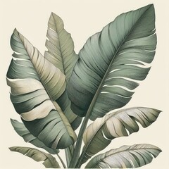 vintage botanical illustration featuring intricate line drawings of tropical leaves. Capture the delicate textures and details of large, sweeping leaves, resembling those of banana or palm plants. AI