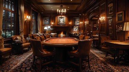Elegant Classic Game Room with Wooden Poker Table Traditional Lighting and Refined Decor Evoking an Upscale Masculine Atmosphere for Leisure and Socializing