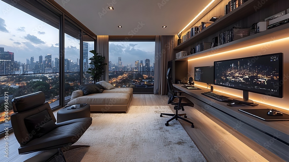Poster a minimalist and contemporary game room featuring a clean streamlined setup with modern furniture a 