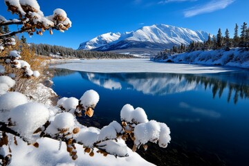 Winter banner with a frozen lake, surrounded by snow-covered mountains and frosty trees