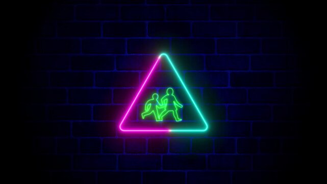 neon, glowing school icon video animation on brick wall. colorful School Crosswalk sign board. vibrant School sign pulsating