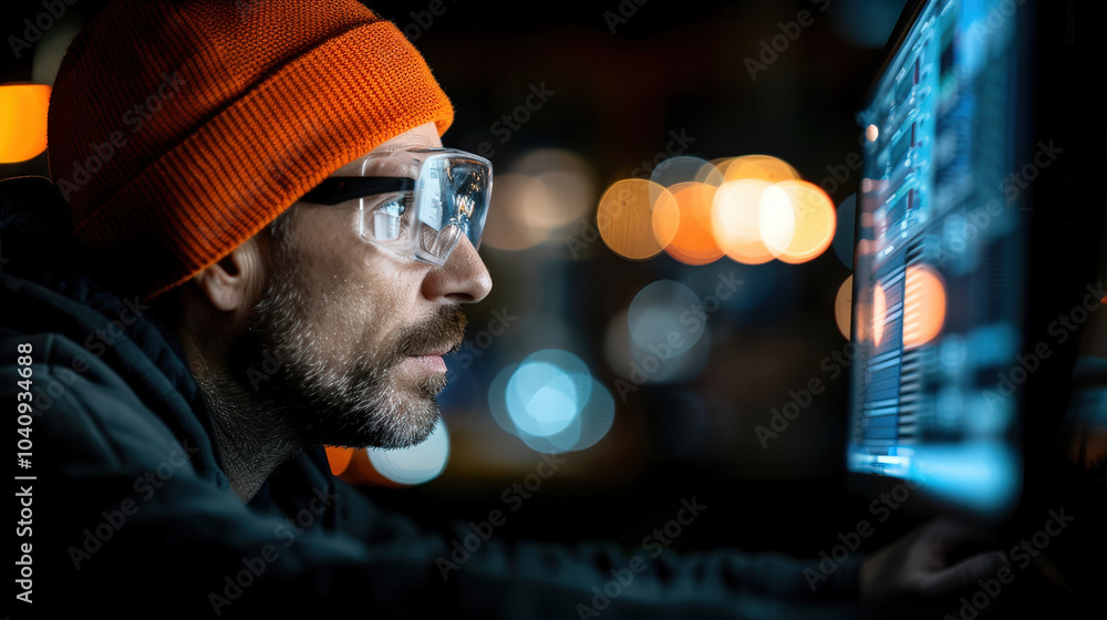 Poster focused electrical engineer reviewing schematics on computer screen, wearing protective glasses and 