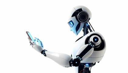 AI Robot Using Smartphone Against white Background