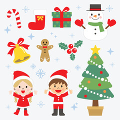 Christmas illustration icon set children cute bundle elements graphic flat vector santa claus decorative snowflake clipart