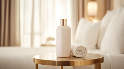 Luxurious bathroom setting featuring sleek bottle and rolled towel on golden table, creating serene and elegant atmosphere