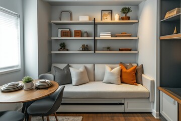 A chic urban apartment showcasing a smart layout with a pull-out couch, a small dining space, and an efficient use of wall-mounted shelves for storage and decor.