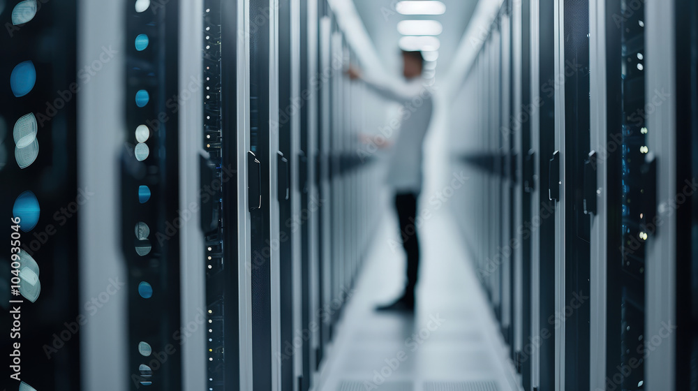 Poster data center technician working on server maintenance in modern facility, surrounded by rows of serve