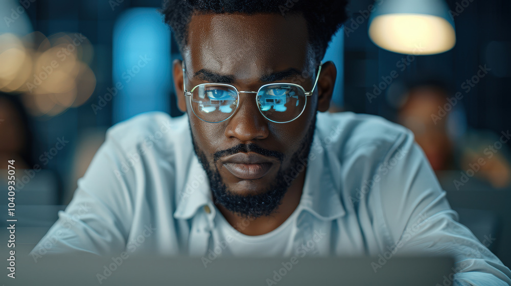 Poster focused electrical engineer testing emergency backup generator, showcasing concentration and experti