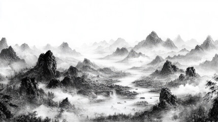 Obraz premium Chinese style black and white landscape painting