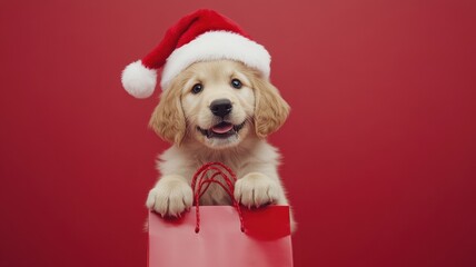 Portrait of puppy Golden Retriever dog holding a shopping bag in its mouth on studio background in christmas day,shopping bags ready for discount and winter sale at the mall,space for text.
