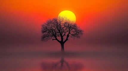Fototapeta premium A solitary tree stands in a misty field as the sun sets behind it, casting a warm glow on the scene.