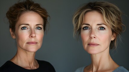 Split image of a facelift success story, highlighting the reduction of sagging and jowls, clear skin and defined jawline post-surgery, Realistic Photography