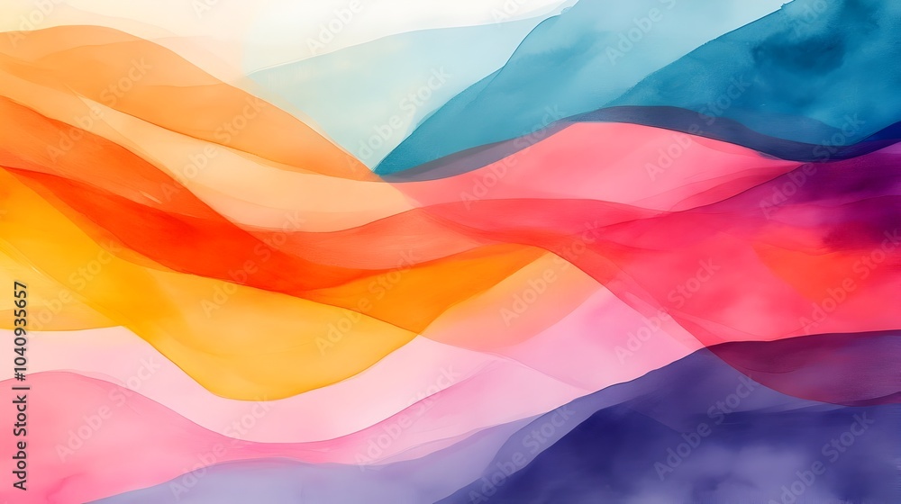 Poster fluid watercolor splashes in vibrant colors colliding with bold geometric shapes and obstacles creat