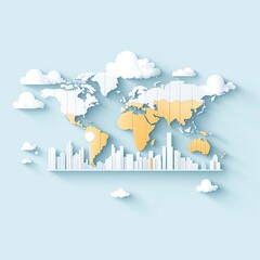 Stylized world map with clouds on a light blue background.