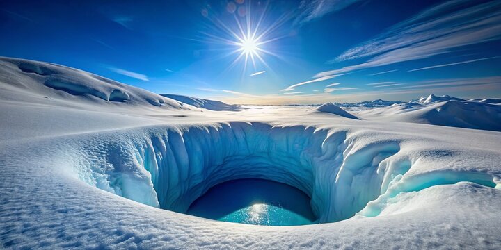 A Glacial Oasis Blue Water Pool Emerges From a Snow-Covered Mountain Valley Under a Clear Blue Sky