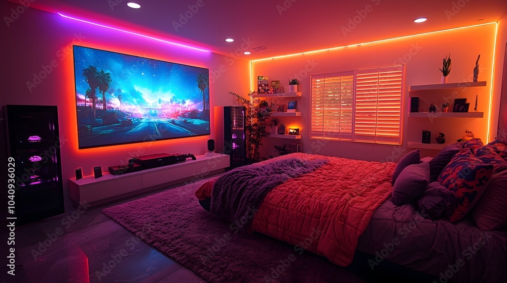 Poster peaceful and streamlined minimalist game room with sleek console shelving and large screen for immer
