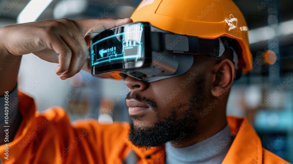 Poster electrical engineer wearing augmented reality glasses in work environment, showcasing advanced techn