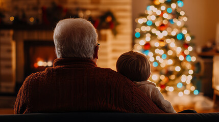 Fototapeta premium A heartwarming scene of grandparent and child enjoying cozy moment together by fireplace, with beautifully decorated Christmas tree in background. warm glow of lights creates festive atmosphere